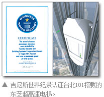 吉尼斯世界纪录认证台北101搭载的东芝超高速电梯。