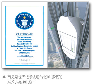 吉尼斯世界纪录认证台北101搭载的东芝超高速电梯。